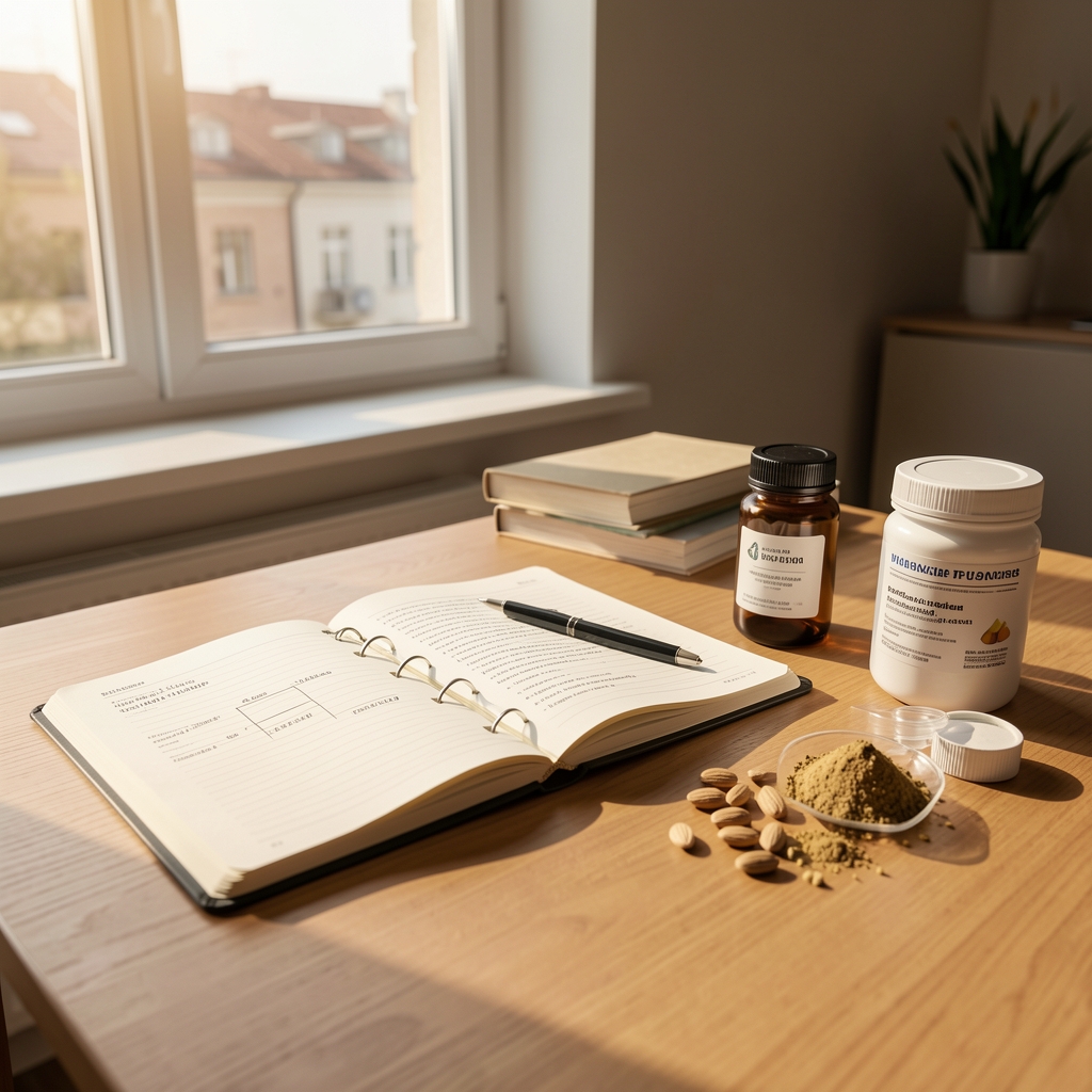Workspace desk in a Warsaw studio with open notebooks, supplement batch documentation, and ingredient samples under warm natural window light