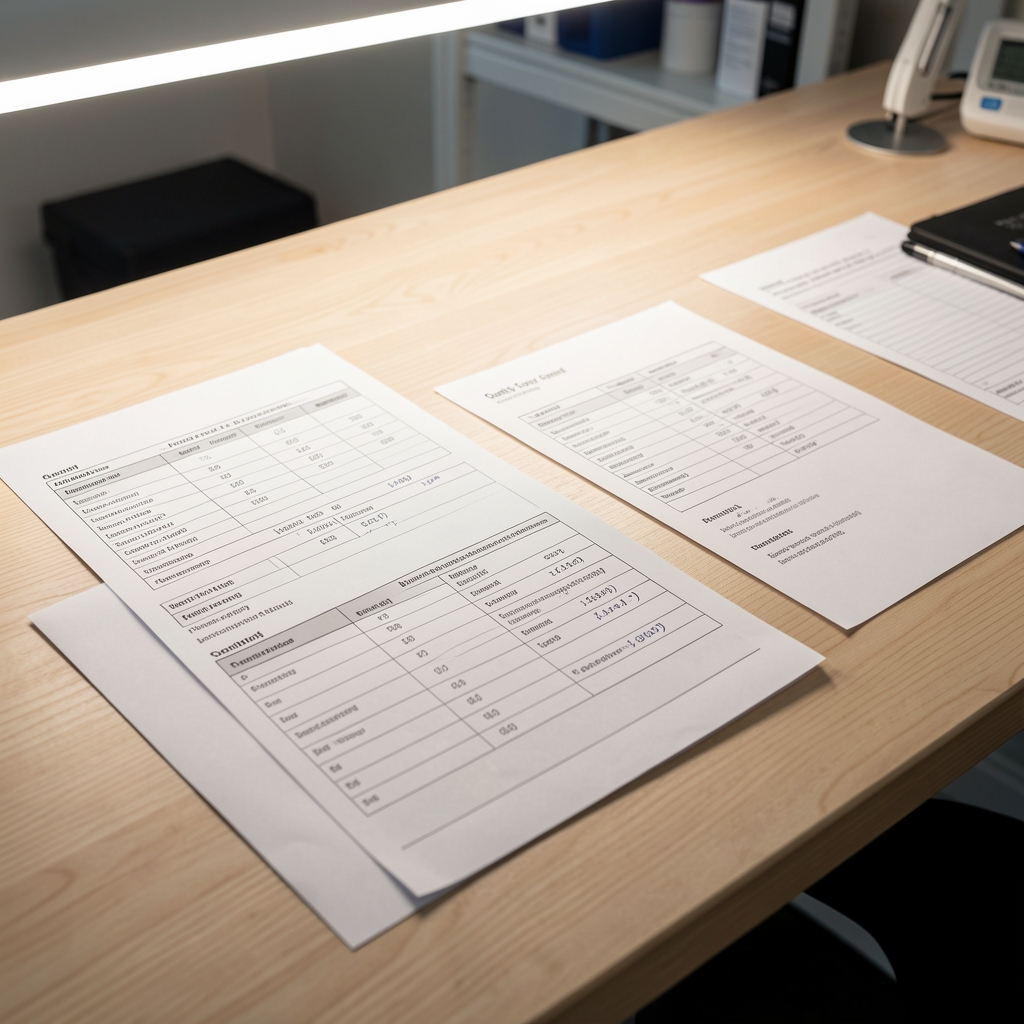 Quality-control documentation spread across a light wooden table showing batch coding sheets and ingredient traceability records under controlled workspace lighting
