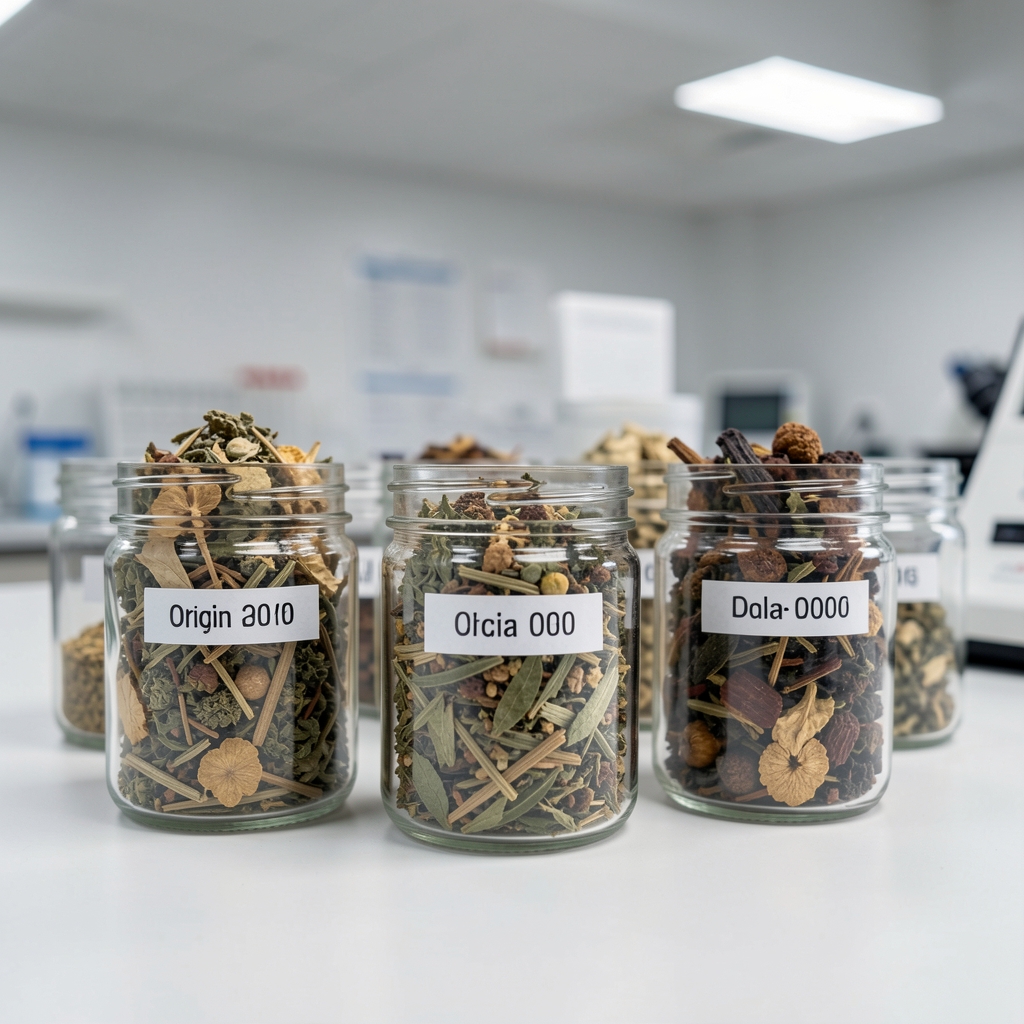 Close-up of botanical dried herb samples in small glass jars labelled with origin codes on a clean laboratory bench with neutral overhead lighting
