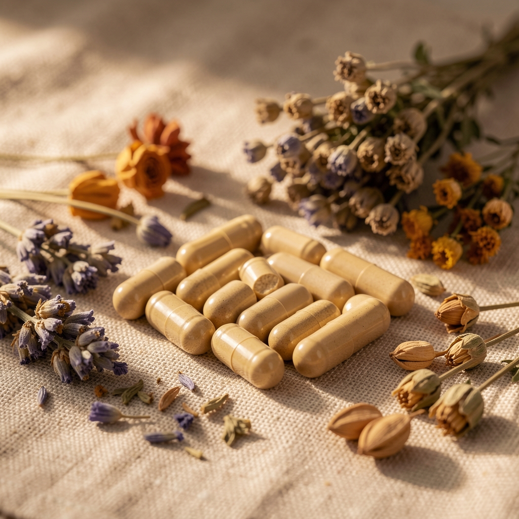 Natural supplement capsules arranged on a linen surface with dried botanical herbs, warm studio lighting