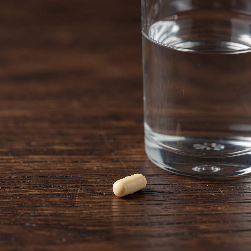 Single supplement capsule on a dark wooden surface alongside a glass of water, minimal composition with controlled studio lighting