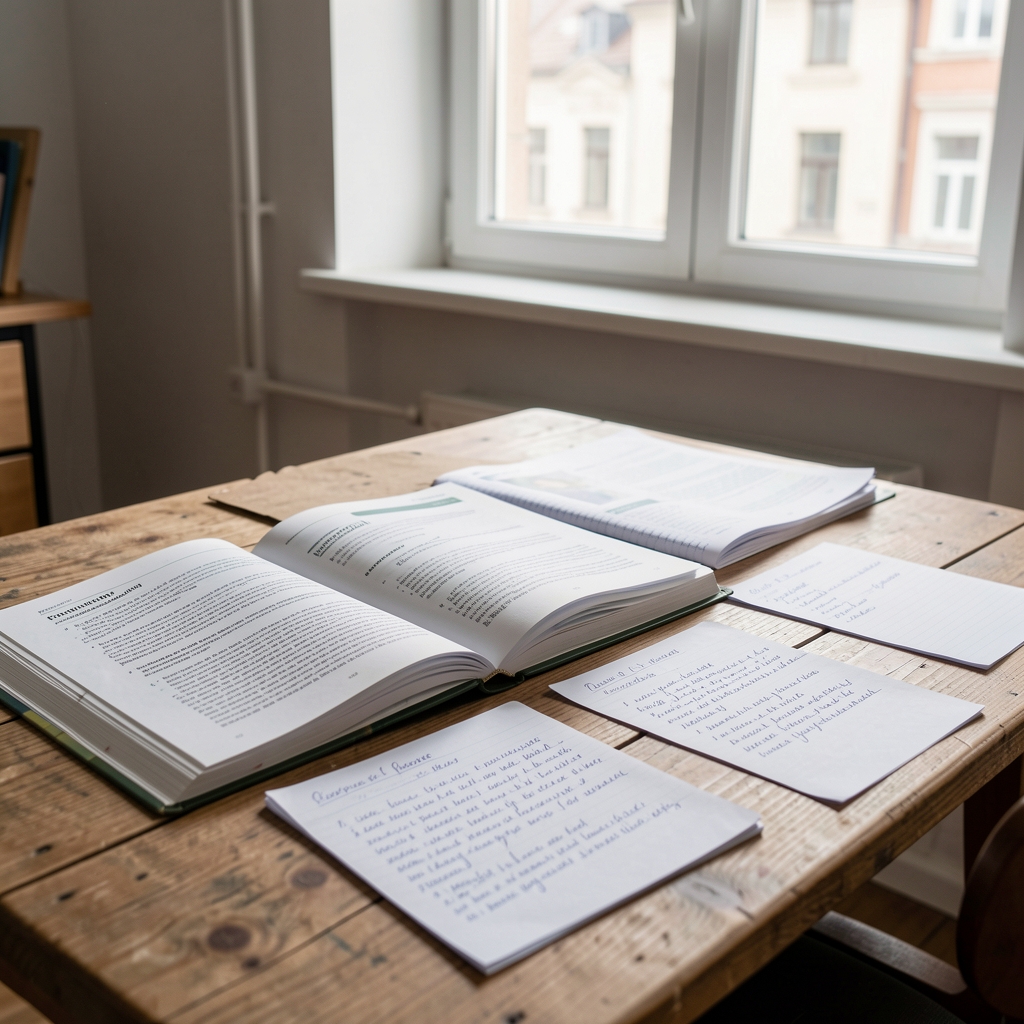 Open nutritional research publications and handwritten notes spread on a wooden desk in a Warsaw studio with natural window light