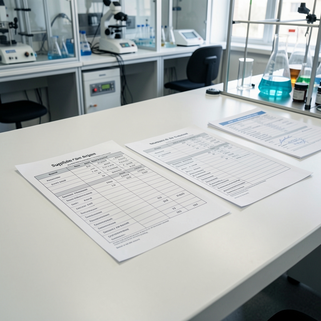 Supplier origin documentation laid flat on a clean table with batch coding sheets and ingredient traceability records in a quality-control environment