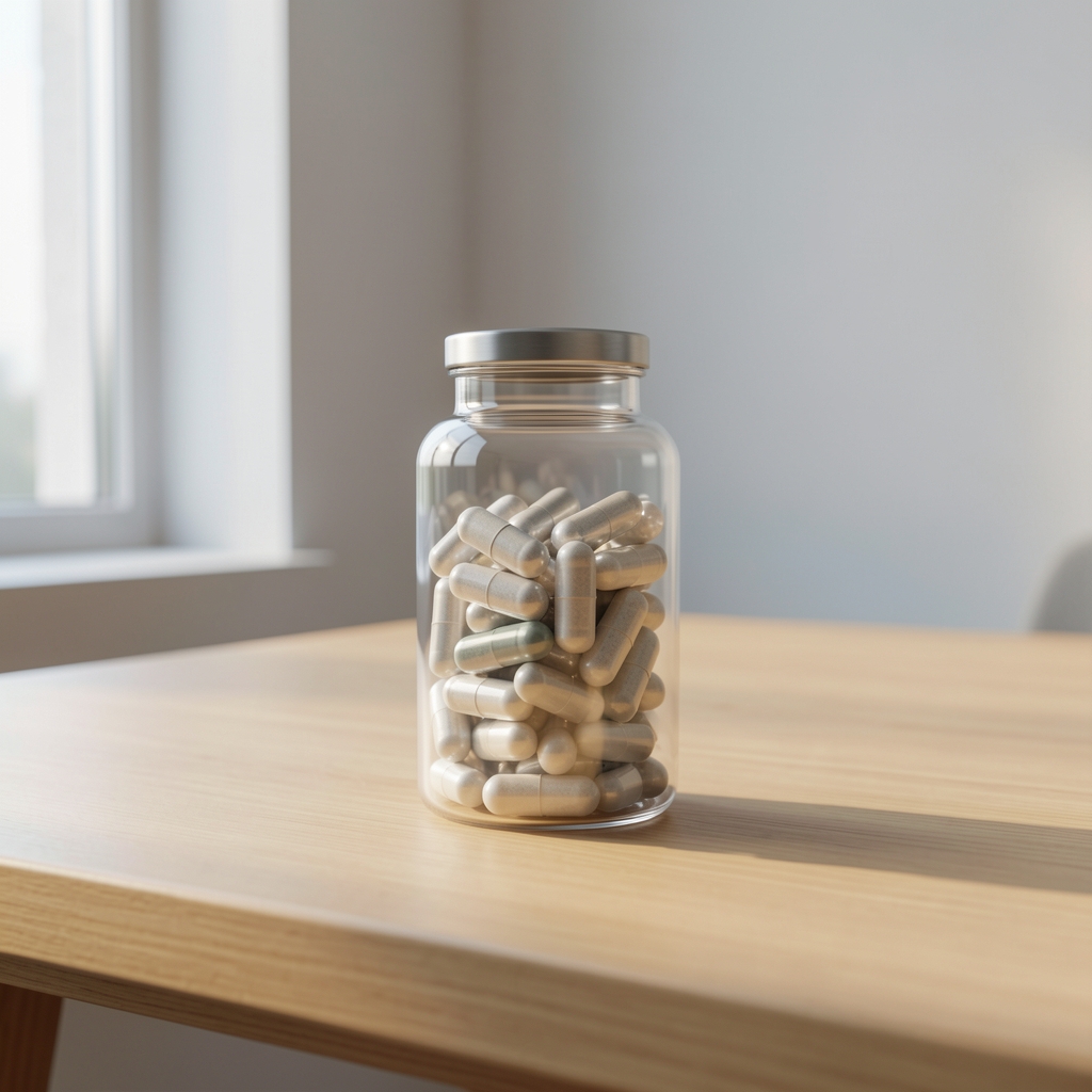 Glass supplement bottle containing zinc and magnesium capsules on a minimalist wooden desk with natural light from a side window