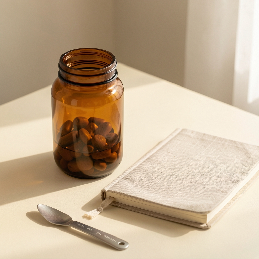 Amber glass supplement container beside a small linen notebook and a measuring spoon on a cream surface with morning light
